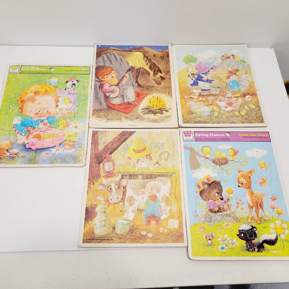 5 Mix Vtg Tray Puzzles Whitman Giordano Little Pig Floral Cowboy Farm Chickens
